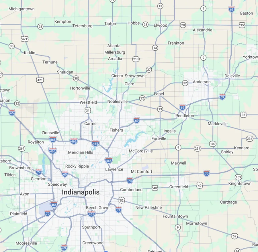 Map of Summit Comfort Solutions HVAC service areas across Anderson, IN and Central Indiana